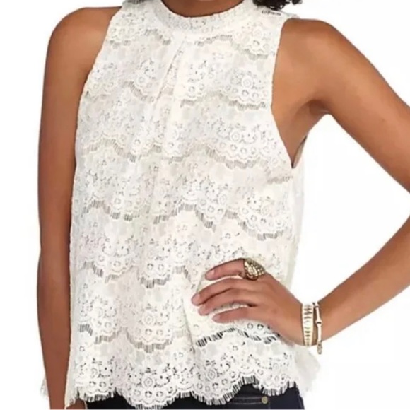 Tops - Fire Ivory Mock Neck Lace Sleeveless Blouse with Key Hole Detail